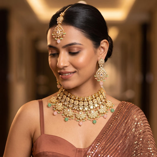 Maisha premium antique gold kundan broad choker necklace set featuring linked tracks of clear dabi stones a dense cascading fringe of pastel pink and mint green quartz beads with matching tiered earrings and maang tikka