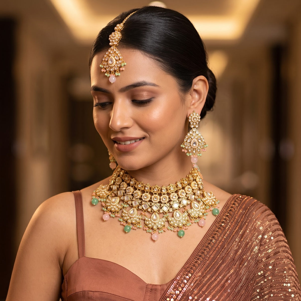 Maisha Premium Kundan Choker Necklace Set - Pastel Pink & Green