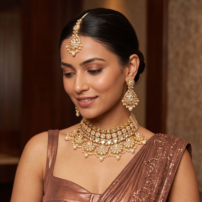 Maisha premium antique gold kundan broad choker necklace set featuring linked tracks of clear dabi stones a dense cascading fringe of pastel pink and mint green quartz beads with matching tiered earrings and maang tikka