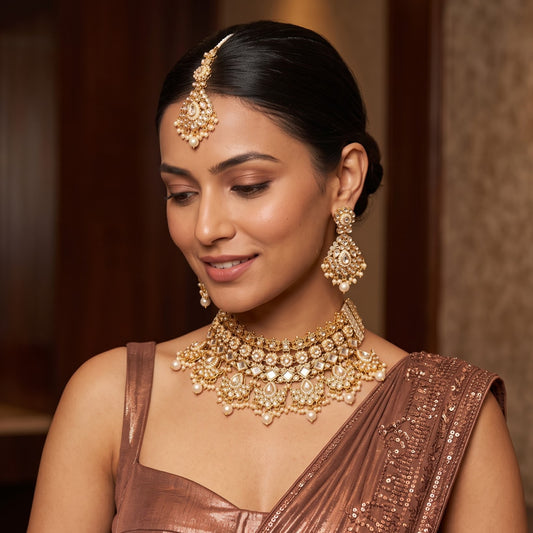 Maisha premium antique gold kundan broad choker necklace set featuring linked tracks of clear dabi stones a dense cascading fringe of pastel pink and mint green quartz beads with matching tiered earrings and maang tikka