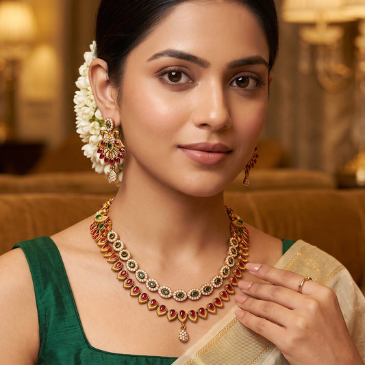 Aarna Double Layer Temple Necklace Set - Pink & Green