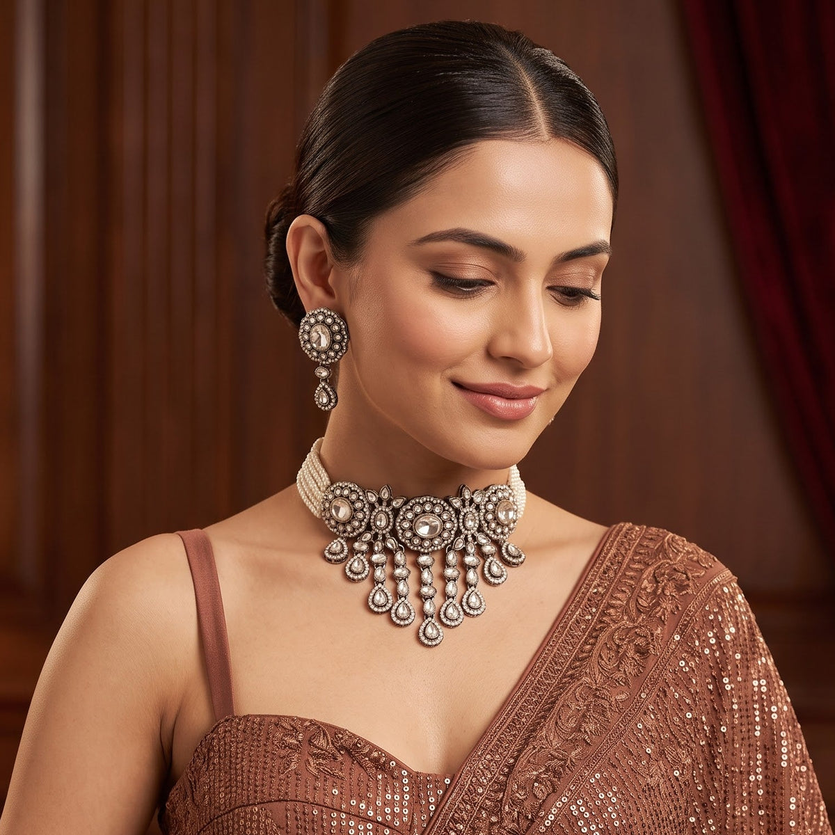 Rumani Premium Victorian Style Choker Necklace Set- Golden