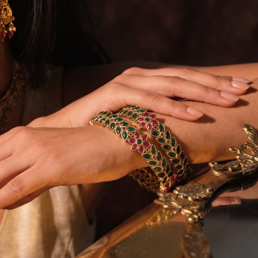 Amba Floral Temple Gold Bangles - Pink & Green (Set of 2)