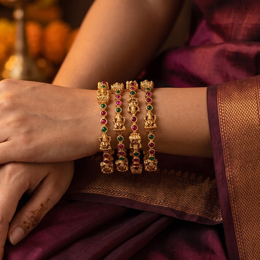 Purvi Divine Lakshmi Temple Gold Bangles - Pink & Green (Set of 4)