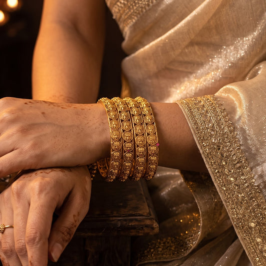 Aadhira Lakshmi Coin Temple Gold Bangles - Golden (Set of 4)