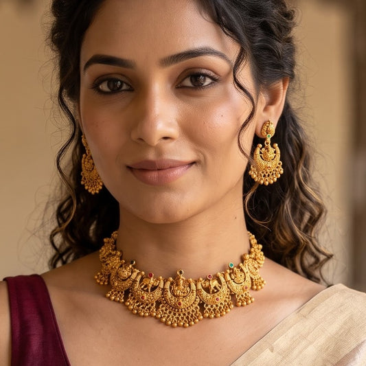 Lakshmi Gajanand Temple Necklace Set - Green & Pink