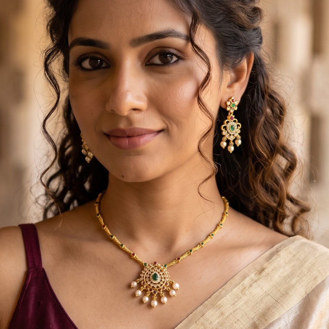 Vikhyat Temple AD Necklace Set - Green & Pink
