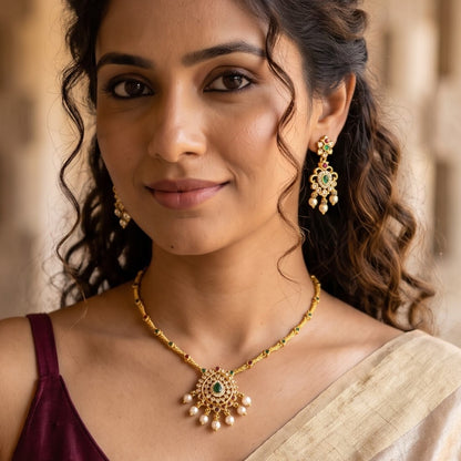 Vikhyat Temple AD Necklace Set - Green & Pink