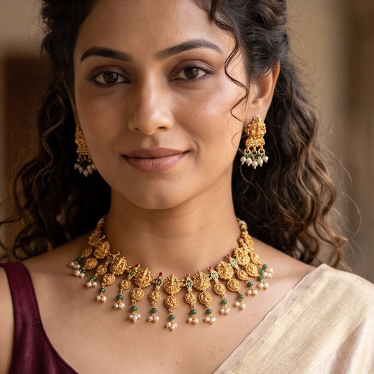 Prajakta Lakshmi Temple Motif Necklace Set - Green & Pink