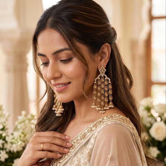 Tejaswini Rain Drop Chandbali Earrings - Golden