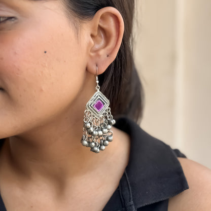 Mirror Afghani Ghunghroo Earrings - Purple