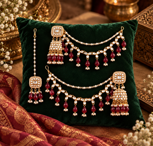 Mohika Mirror Jhumka Earrings with Sahara & Tika Set - Maroon