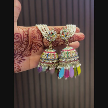 Mehvish Jadau Reverse AD Jhumka Earrings with Earchain - Multi