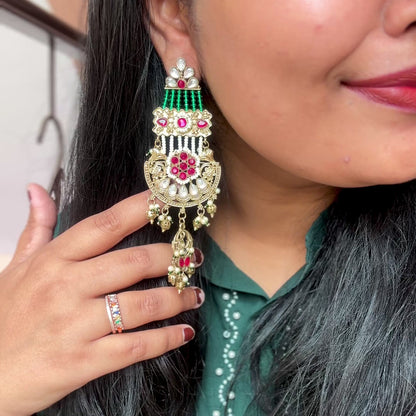 Raaj Rani Fusion Chandbali Green & Pink Earrings