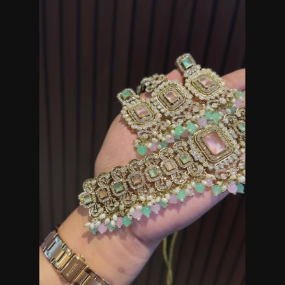 Shipra Premium Victorian AD Style Necklace Set - Pastel Pink & Pastel Green