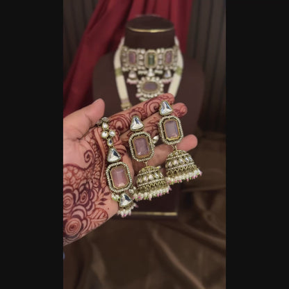 Israni Premium Kundan Long & Short Necklace Set - Pastel Green & Pink