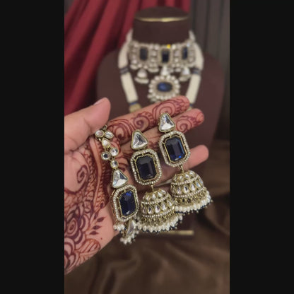 Israni Premium Kundan Long & Short Necklace Set - Royal Blue