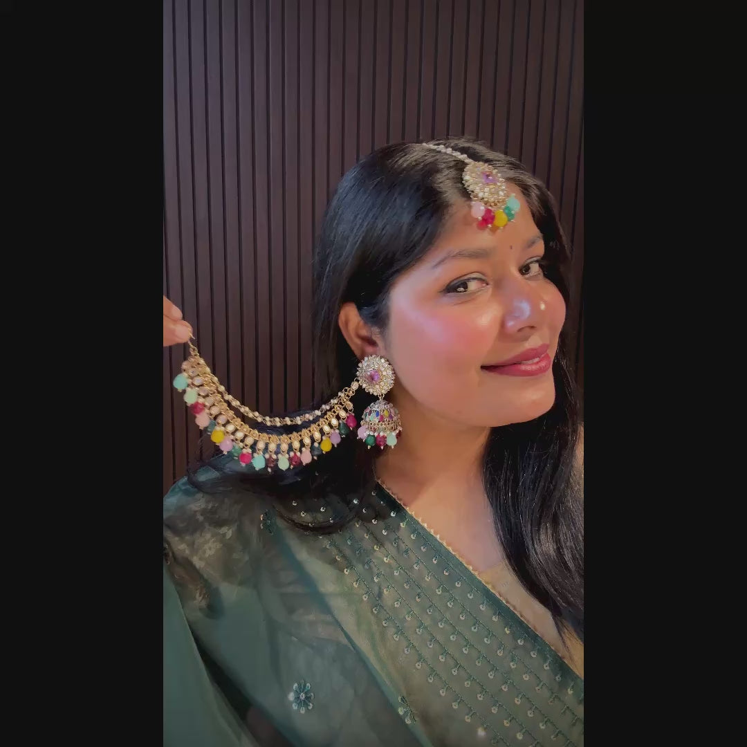 Traditional antique gold kundan mirror work bridal jewelry set with colorful pink blue yellow and green beads and hair support chains