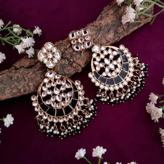 Nishi Kundan Pearl Chandbali - Black