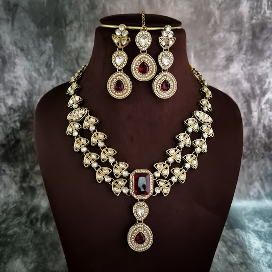 Jennifer Double Layer AD Necklace Set - Maroon