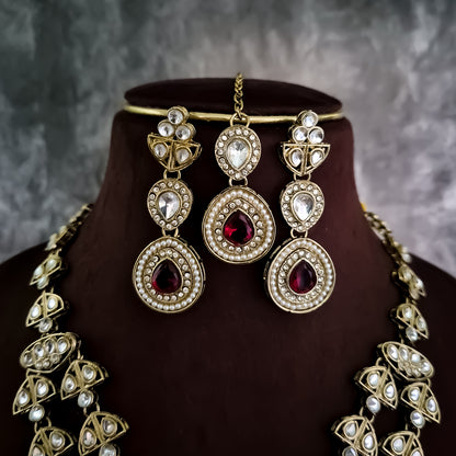 Jennifer Double Layer AD Necklace Set - Maroon