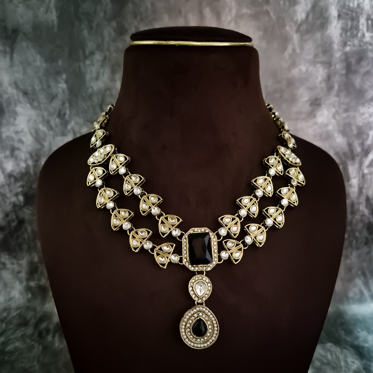 Jennifer Double Layer AD Necklace Set - Black