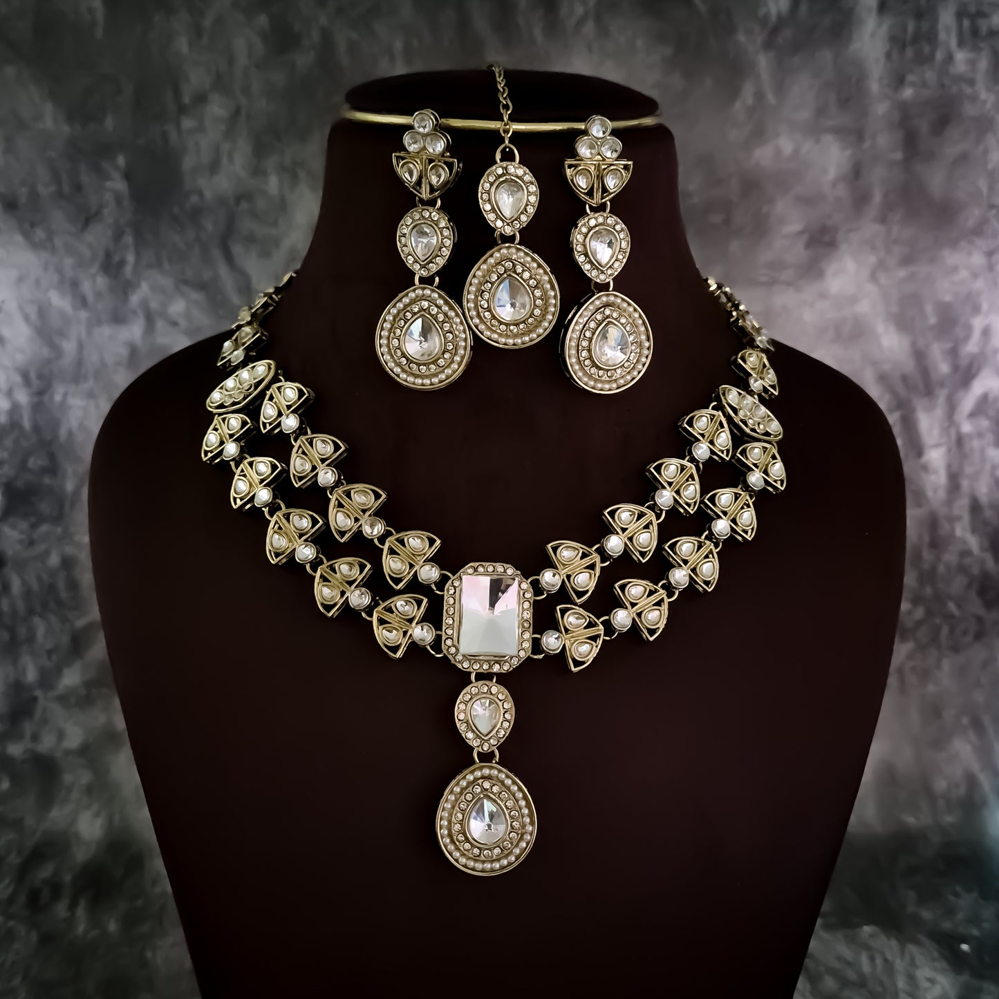 Jennifer Double Layer AD Necklace Set - Golden