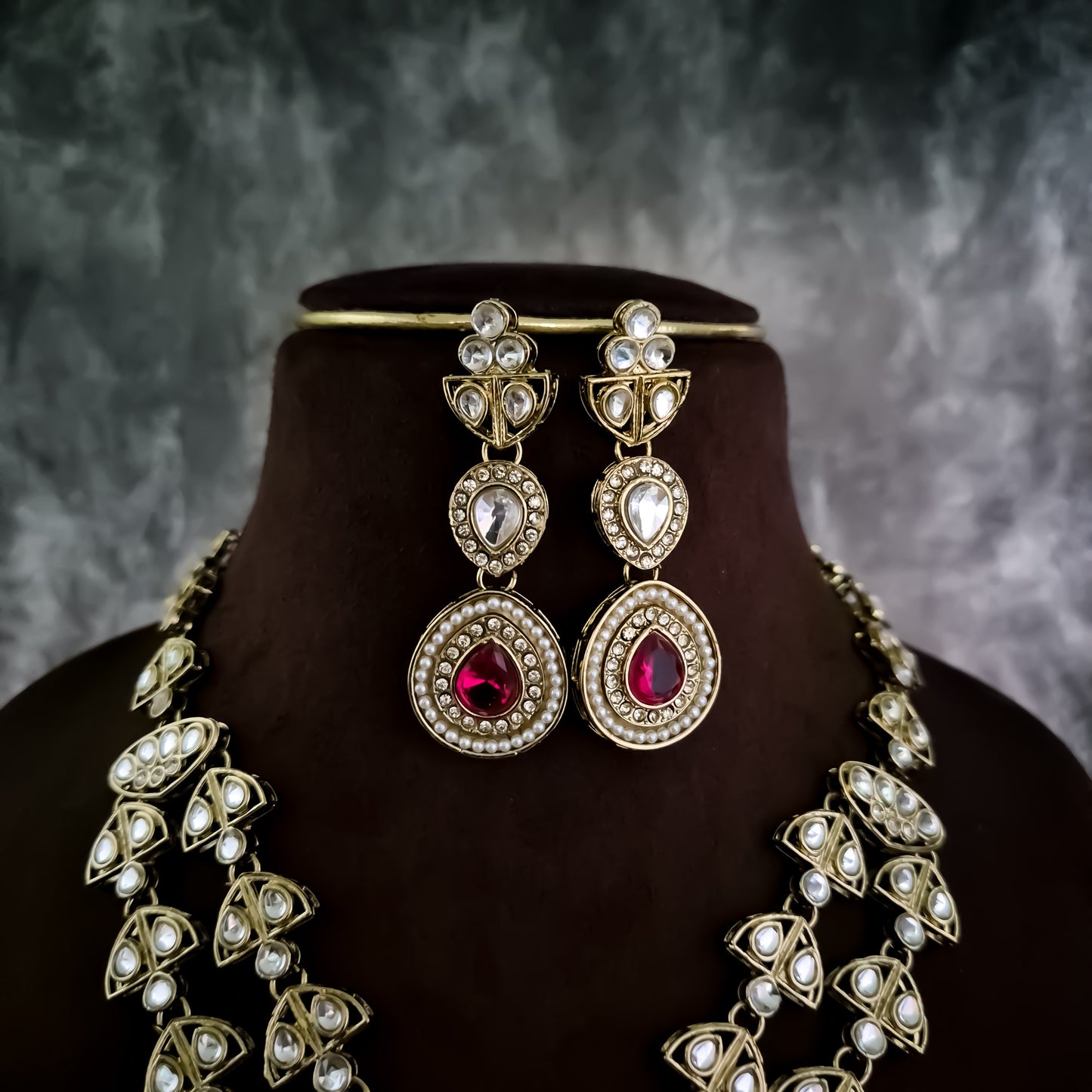 Jennifer Double Layer AD Necklace Set - Hot Pink