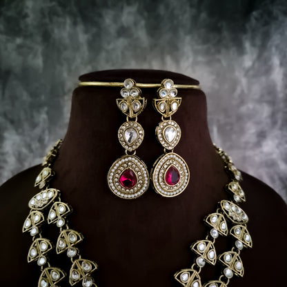 Jennifer Double Layer AD Necklace Set - Hot Pink