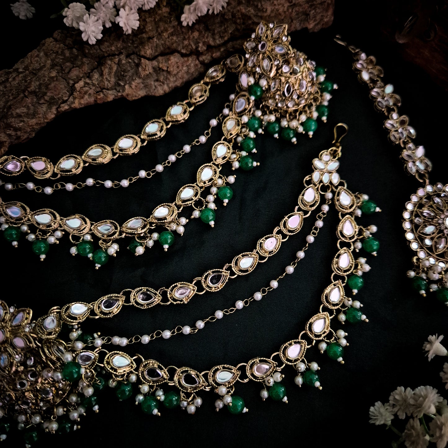 Mehek Mirror Jhumka Earrings with Sahara & Teeka- Green