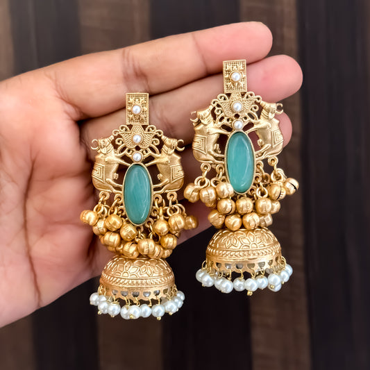 Iravati Premium Golden Brass Jhumka Earrings - Pastel Green