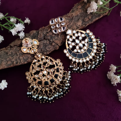 Nishi Kundan Pearl Chandbali - Black