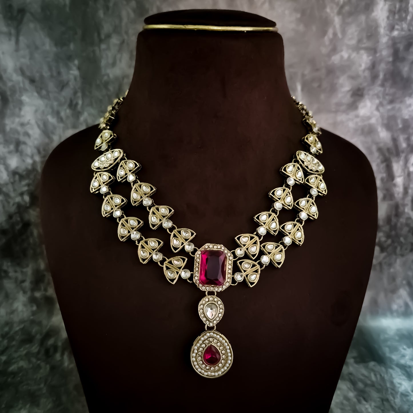Jennifer Double Layer AD Necklace Set - Hot Pink