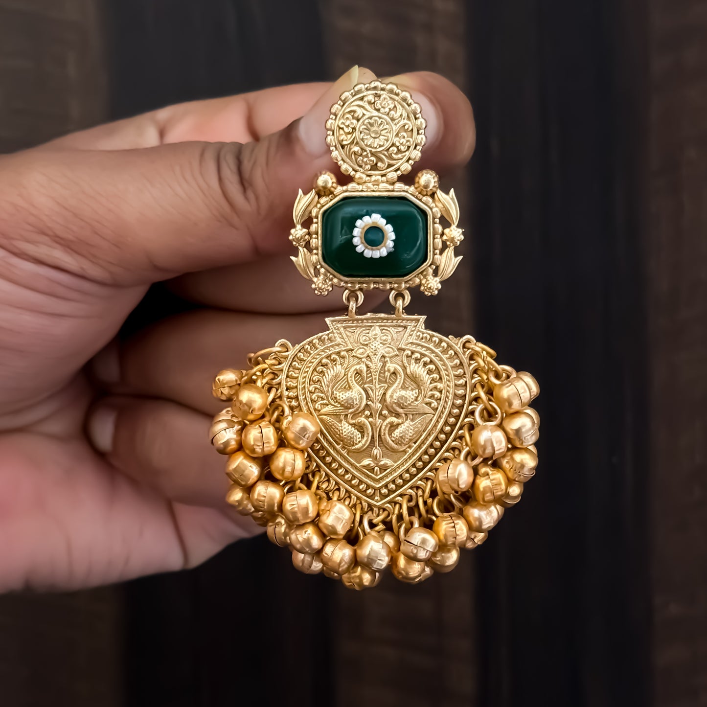 Saanjh Premium Golden & Green Brass Kashmiri Chandbali Earrings