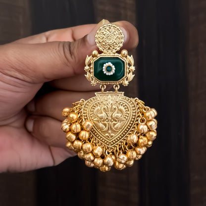 Saanjh Premium Golden & Green Brass Kashmiri Chandbali Earrings