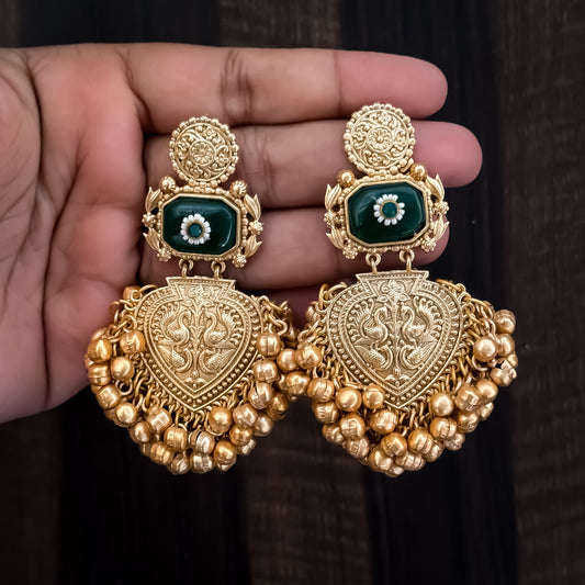 Saanjh Premium Golden & Green Brass Jhumka Earrings