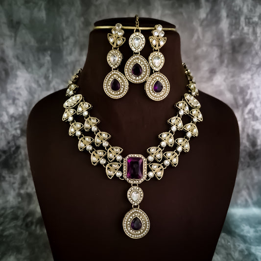 Jennifer Double Layer AD Necklace Set - Purple