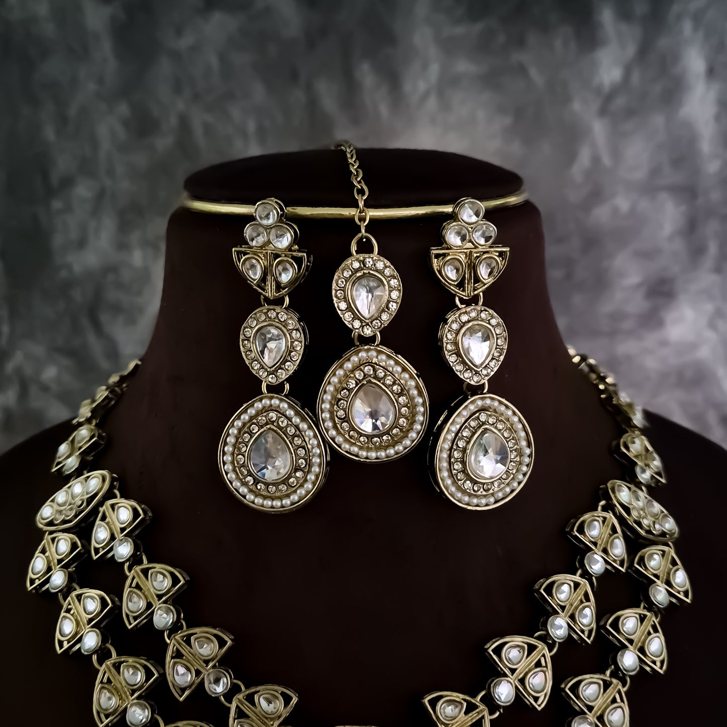 Jennifer Double Layer AD Necklace Set - Golden