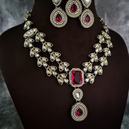 Jennifer Double Layer AD Necklace Set - Hot Pink
