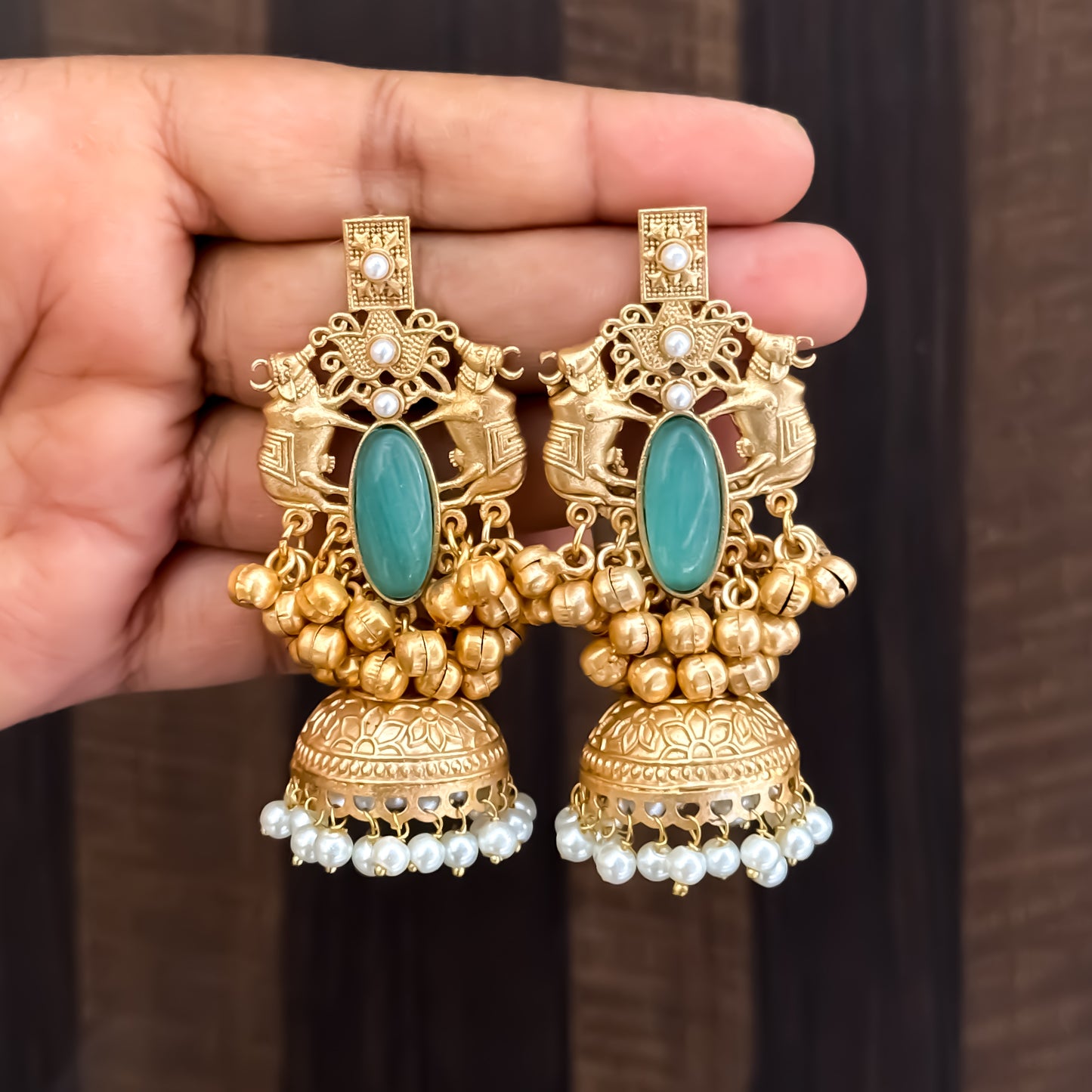 Iravati Premium Golden Brass Jhumka Earrings - Pastel Green