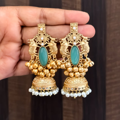 Iravati Premium Golden Brass Jhumka Earrings - Pastel Green