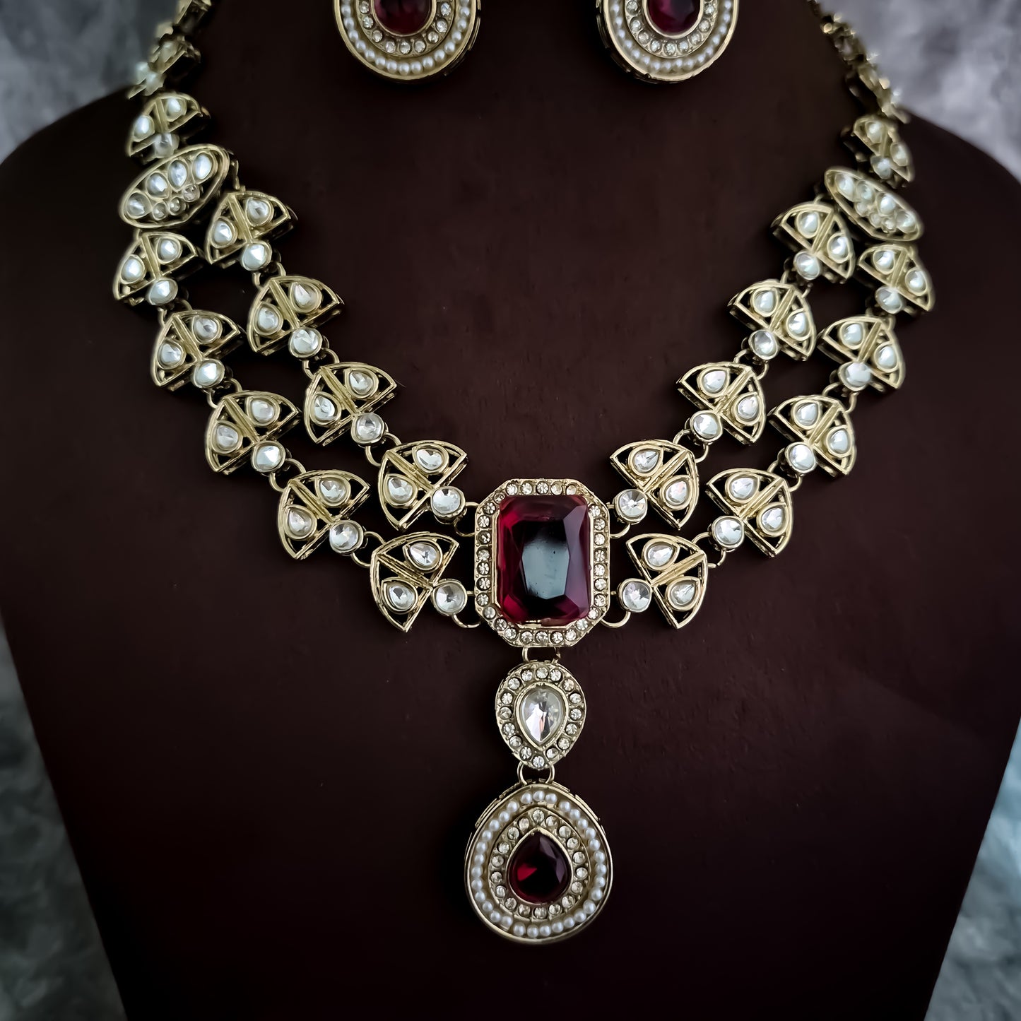 Jennifer Double Layer AD Necklace Set - Maroon