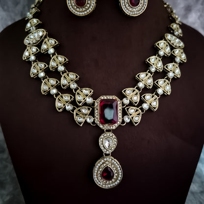 Jennifer Double Layer AD Necklace Set - Maroon