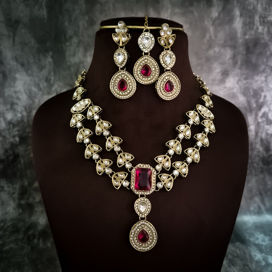 Jennifer Double Layer AD Necklace Set - Hot Pink