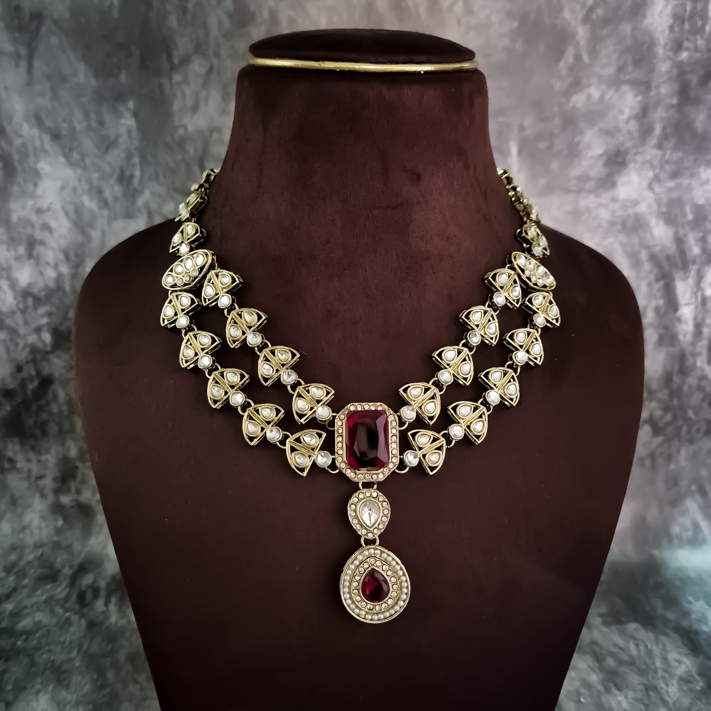 Jennifer Double Layer AD Necklace Set - Maroon