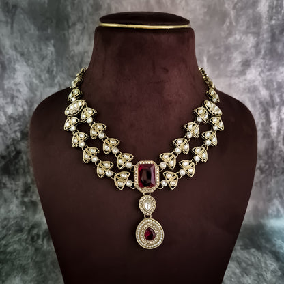 Jennifer Double Layer AD Necklace Set - Maroon