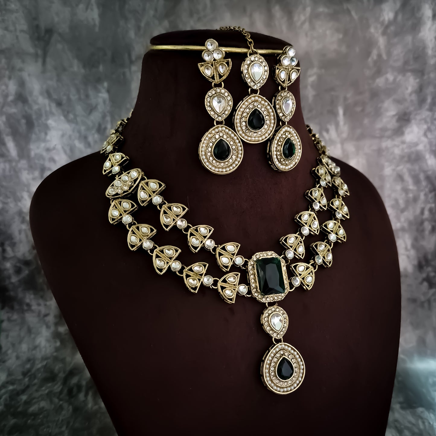 Jennifer Double Layer AD Necklace Set - Green