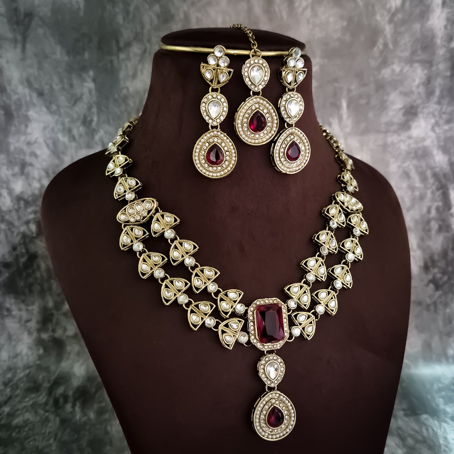 Jennifer Double Layer AD Necklace Set - Maroon