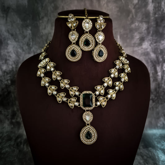 Jennifer Double Layer AD Necklace Set - Green