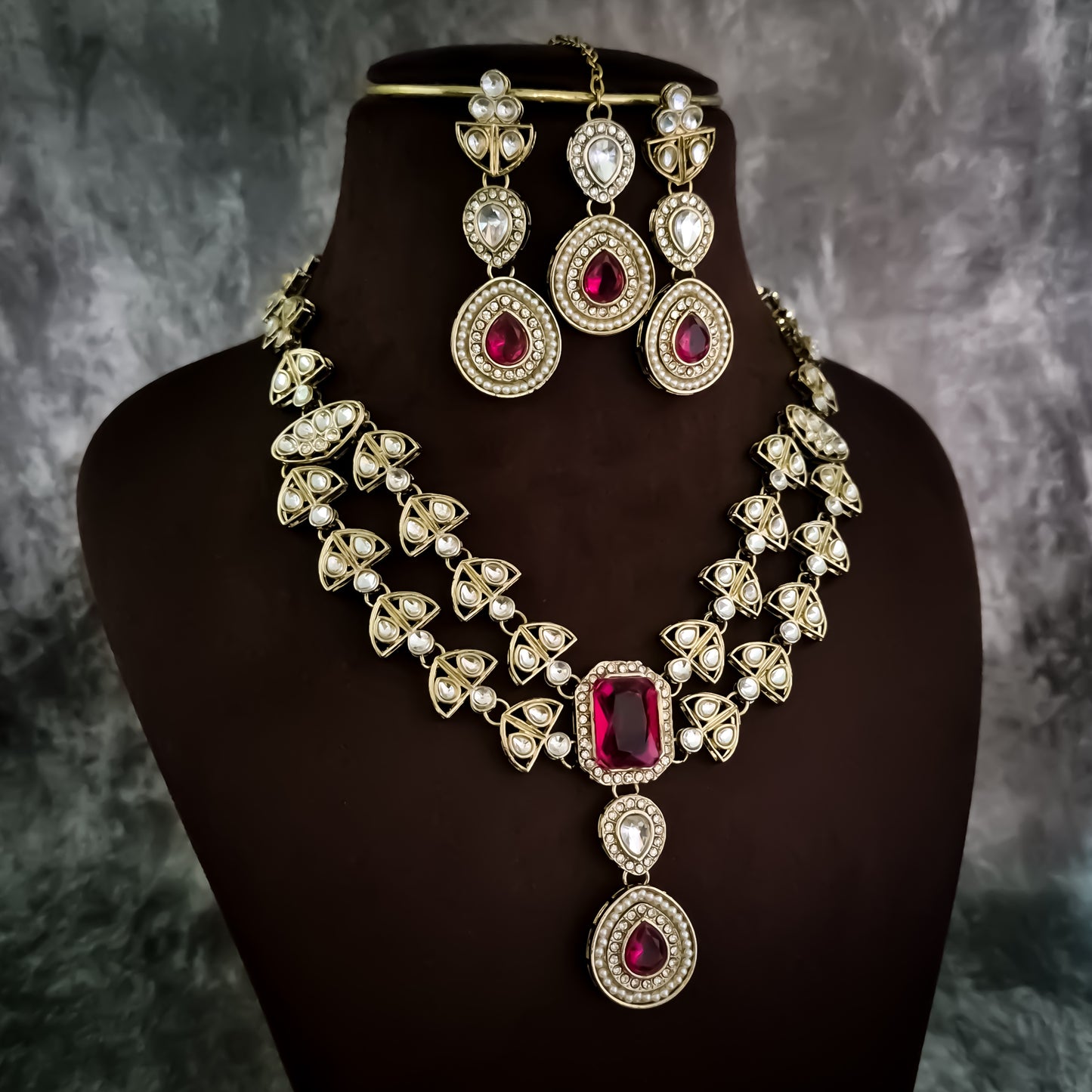 Jennifer Double Layer AD Necklace Set - Hot Pink